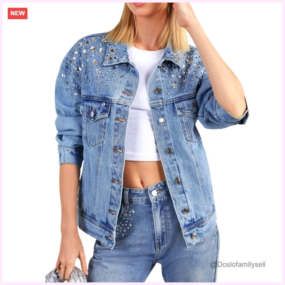 Oversized Embellished Denim Jacket Western Trucker Rhinestone Details